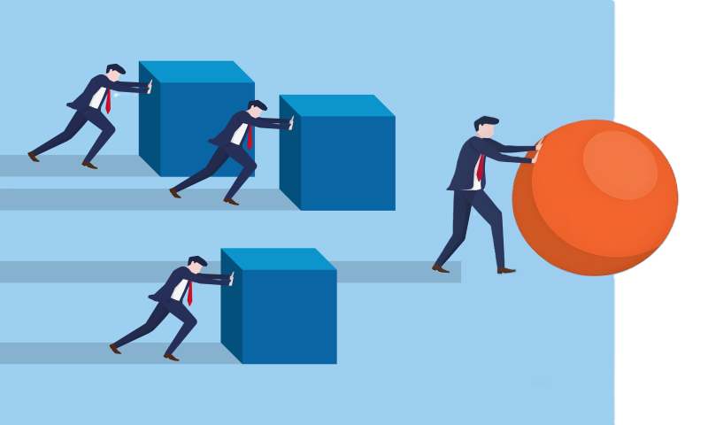 three man pushing squares and one man pushing circle shwoing working smarter rather than harder principle.