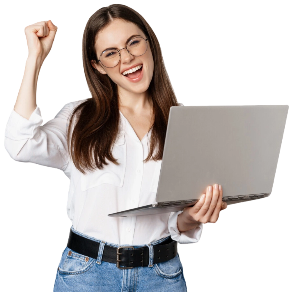 Marketing professional celebrating success with laptop